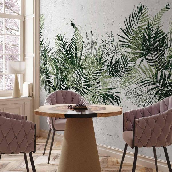 Carta da parati - Jungle and green plume - large tropical leaves on a white background