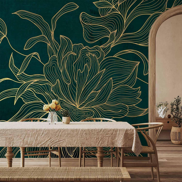 Carta da parati - Green boudoir - linear drawing of a flower in golden colours on a dark background