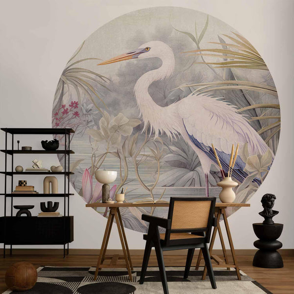 Carta da parati rotondi - Heron wading in a pond - illustration in bright colours