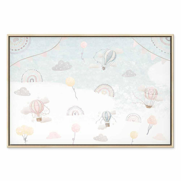 Quadro - Sky with Balloons - Balloons in Subdued Colors Flying in the Sky Among Clouds Rainbows and Stars
