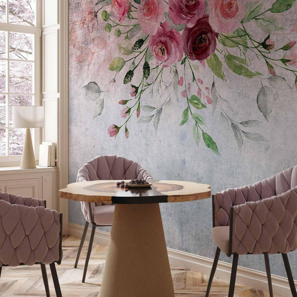 Carta da parati - Summer bloom - plant motif with flowers and leaves in pink tones