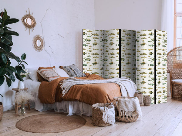 Paravento - Unusual Species of Fish - a Cluster of Fish in Muted Colors in Retro Style Against a Background of Beige Streaks