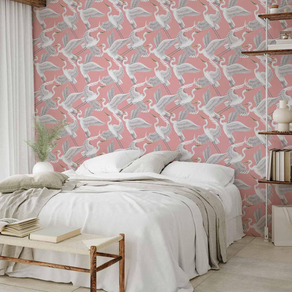 Tappezzeria murale - Pastel birds – a delicate pattern of white and grey herons on a light pink background