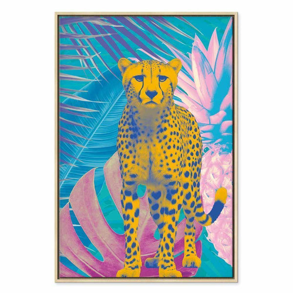 Quadro - Exotic Leopard - Colorful Portrait of a Cheetah Against Tropical Leaves