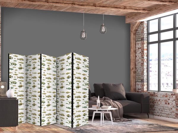 Paravento - Unusual Species of Fish - a Cluster of Fish in Muted Colors in Retro Style Against a Background of Beige Streaks