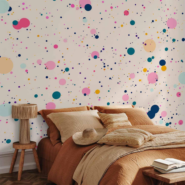 Carta da parati - Dots Speckles and Splatters Multicolored Cheerful Pattern on a Light Pink Background