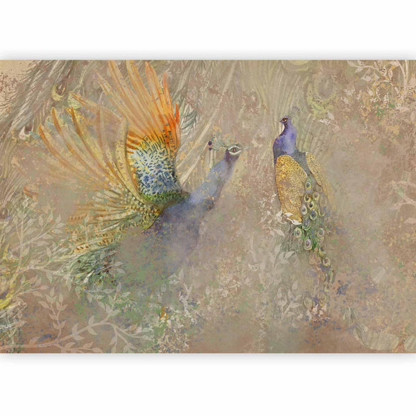 Carta da parati - Peacocks in dance - bird motif among an abstract pattern with ornaments