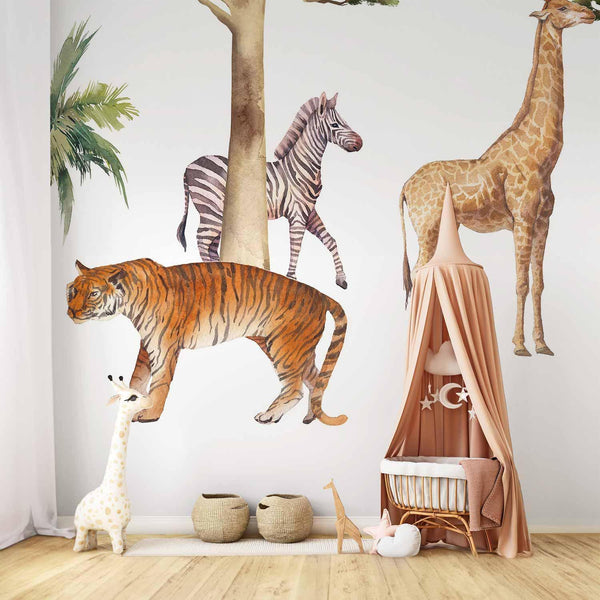 Carta da parati - Jungle Animals on White Background Made With Watercolour Technique