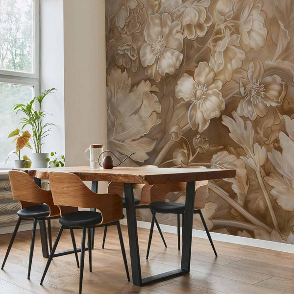 Carta da parati - Floral Ornaments Carved in Delicate Sepia and Brown Shades