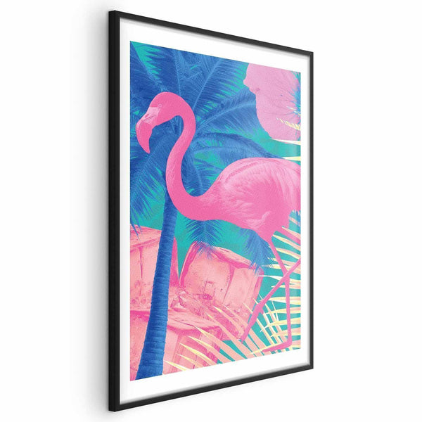 Poster - Pink Flamingo - abstract flamingo against a background of palm trees and ice cubes