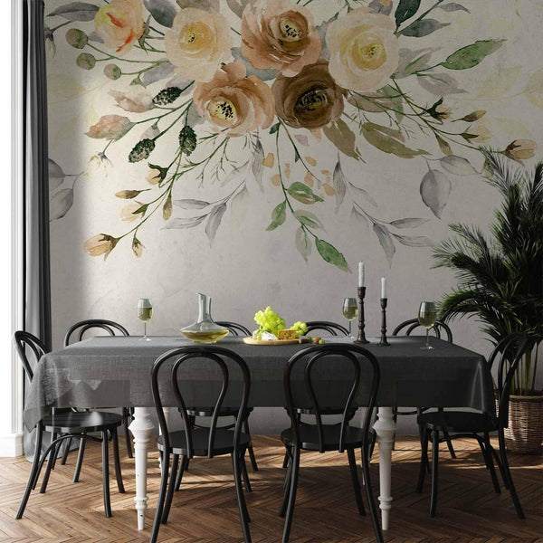 Carta da parati - Summer bloom - retro floral motif with flowers and leaves with patterns