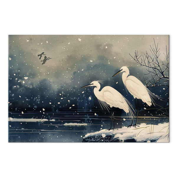 Quadro - Herons over a winter pond - Japanese-style illustration in dark colours