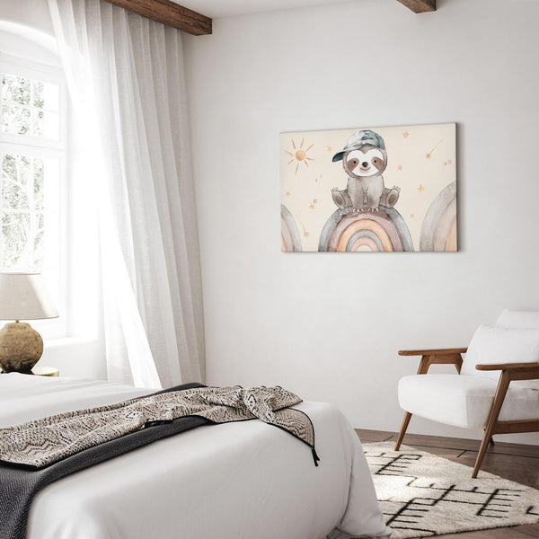 Quadro - Happy Sloth - Sloth in Subdued Colors Wearing a Cap Sitting on a Rainbow Among Little Stars