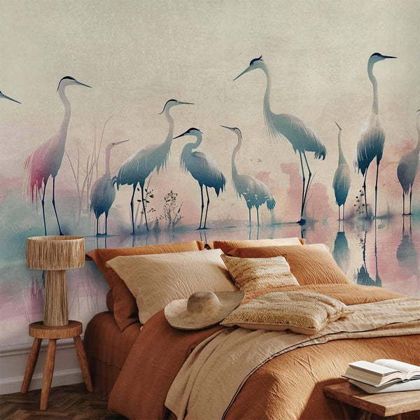 Carta da parati - Birds by the lake - herons painted in watercolour in delicate grey and pink colours