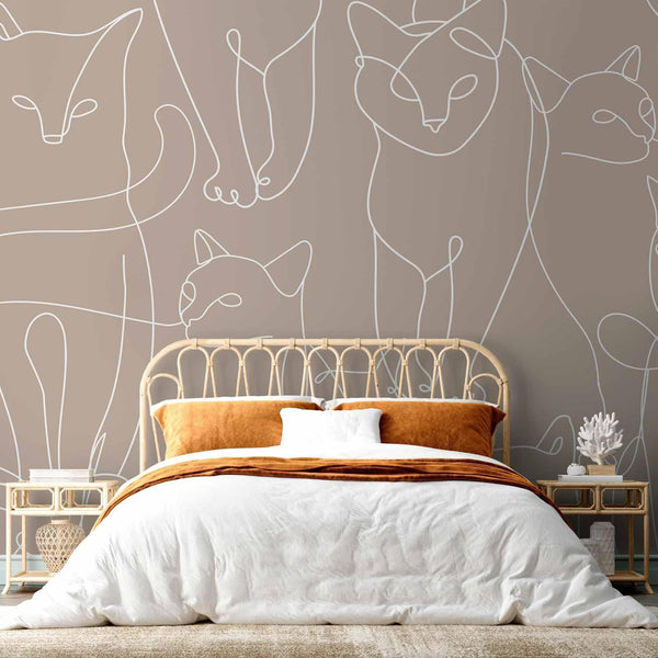 Carta da parati - Cat lineart - minimalist sketches of white cats on beige background