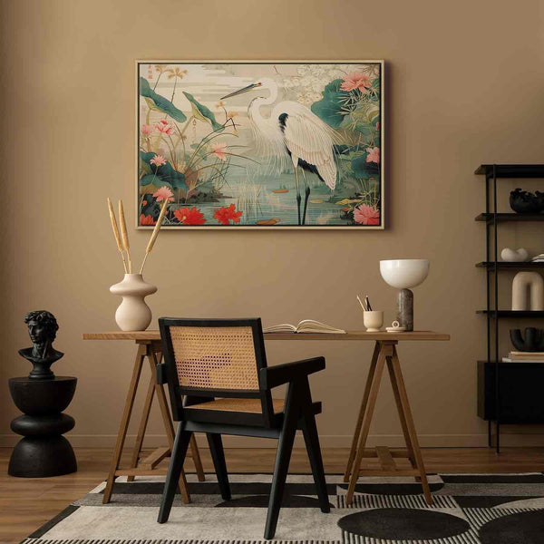 Quadro - By an Asian pond - an illustration in the style of a Japanese engraving, depicting a heron