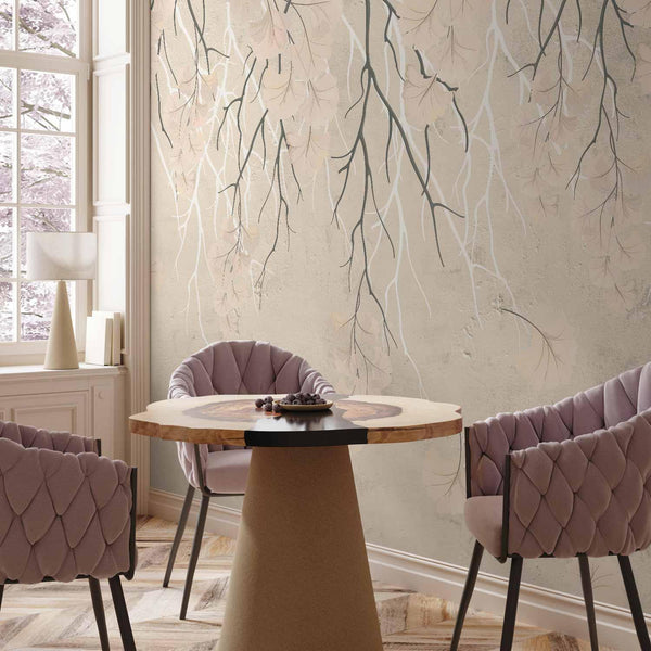 Carta da parati - Abstract falling leaves - subtle nature motif with branches