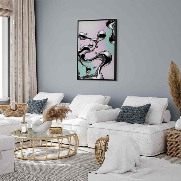 Quadro - Metallic Fluidity - Abstract Silver Forms on a Mint-Purple Background