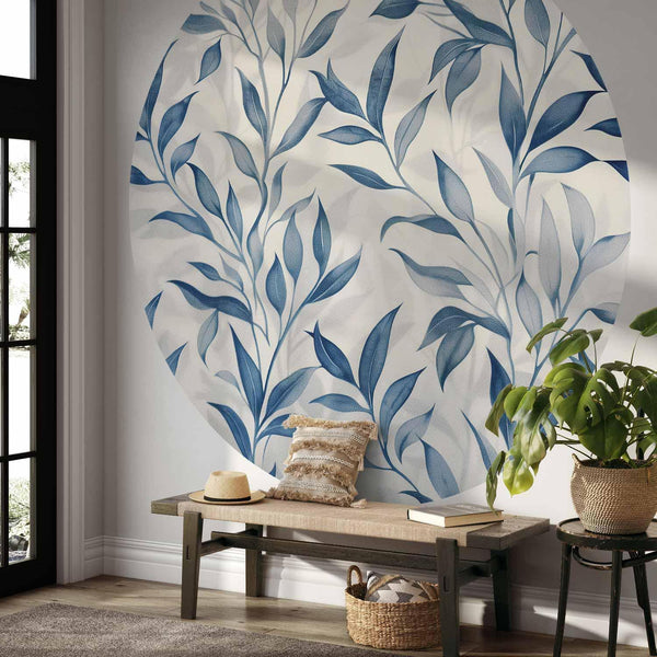 Carta da parati rotonda - Delicate botanical motif with blue leaves