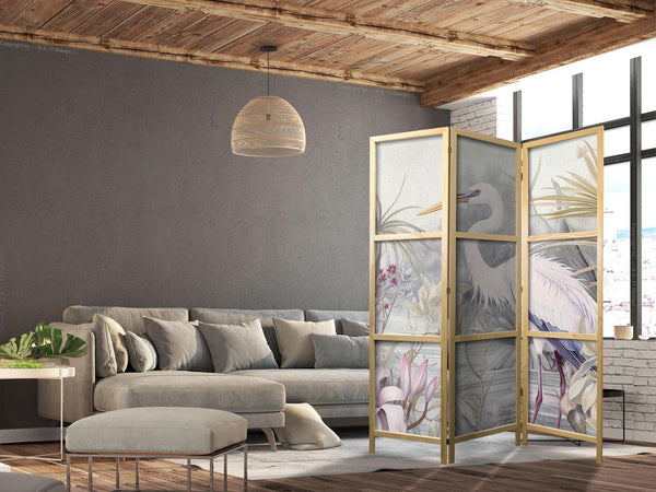 Paravento giapponese - Heron wading in a pond – illustration in bright colours