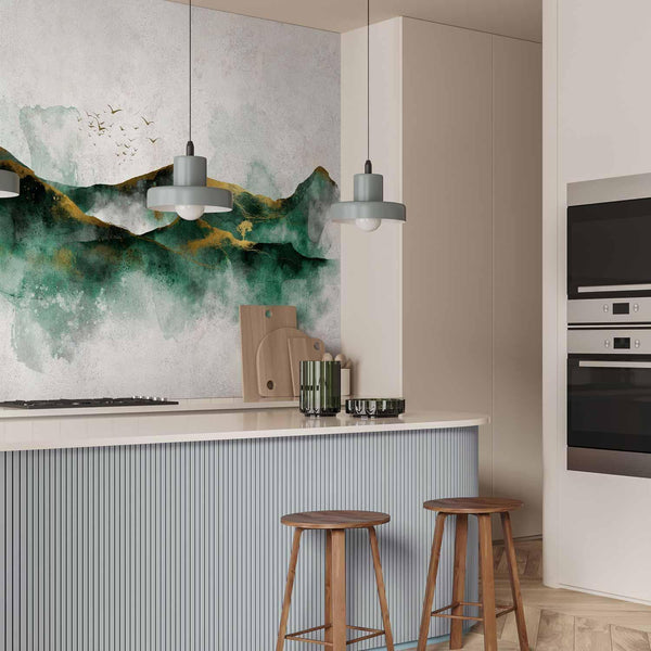 Carta da parati - Abstract landscape - green mountains with golden patterns and birds