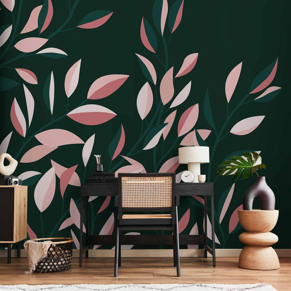 Carta da parati - Flowering vine - minimalist climbing leaves on a green background