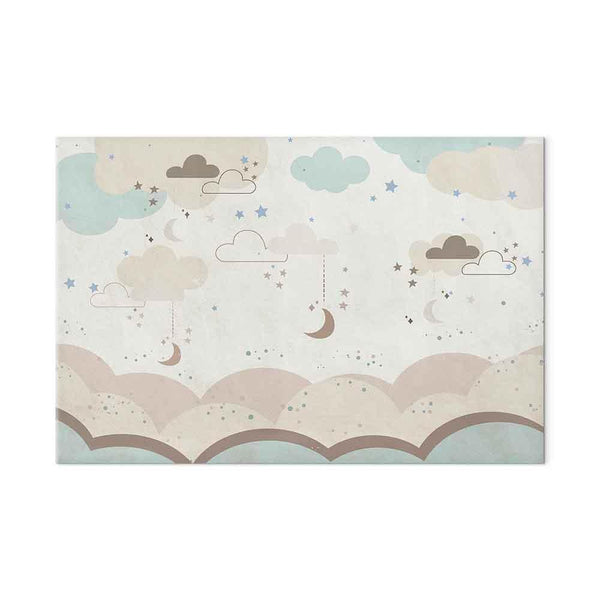 Quadro - Cloudy Night Sky - Moons in Brown and Beige Hues Among Clouds and Numerous Little Stars on a Light Background