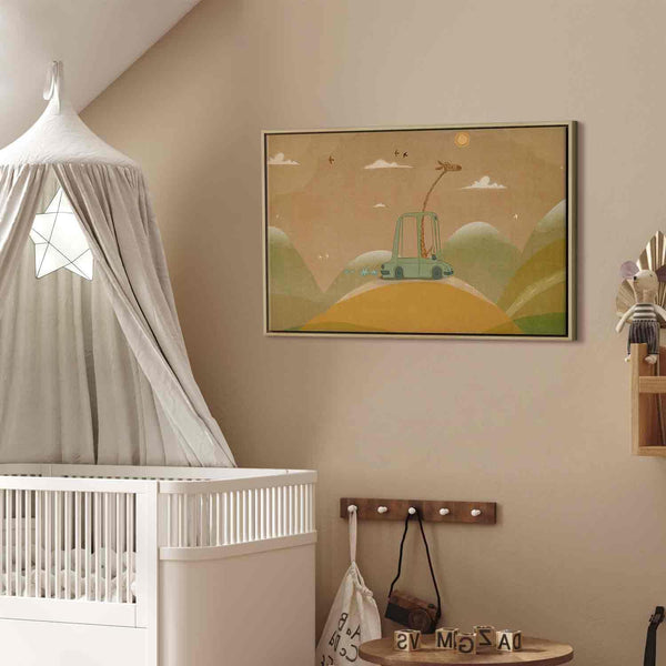 Quadro - Dreamy Traveler - A Cheerful Giraffe Driving a Car on a Sunny Day