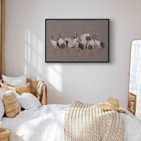 Quadro - Crane dance – bright silhouettes of birds against a warm grey background with texture