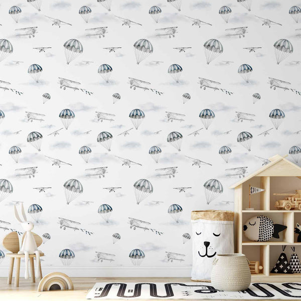 Tappezzeria murale - Watercolor - Airplane show on a bright sky with delicate clouds