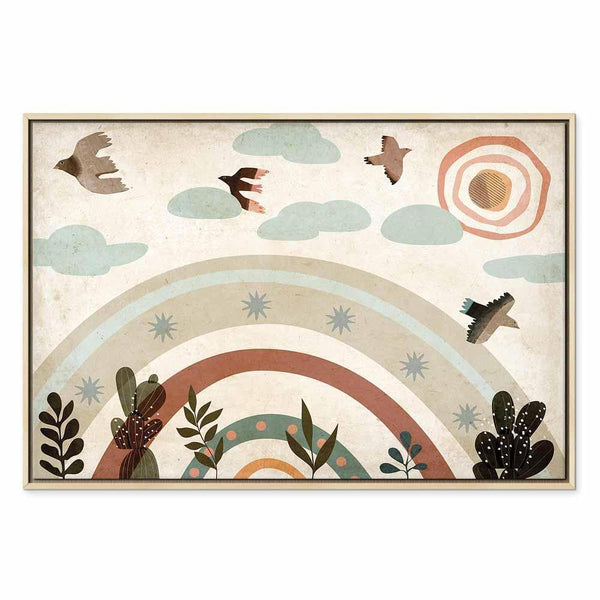 Quadro - Rainbow and Sun Above - Birds in Subdued Colors Flying Among Clouds Above a Rainbow and Various Plants on a Light Background