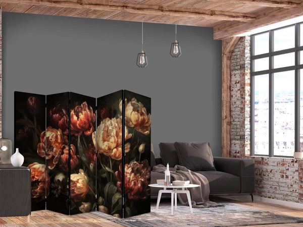 Paravento - Magnificent Tulips - Bouquet of Flowers in Red and White on a Black Background