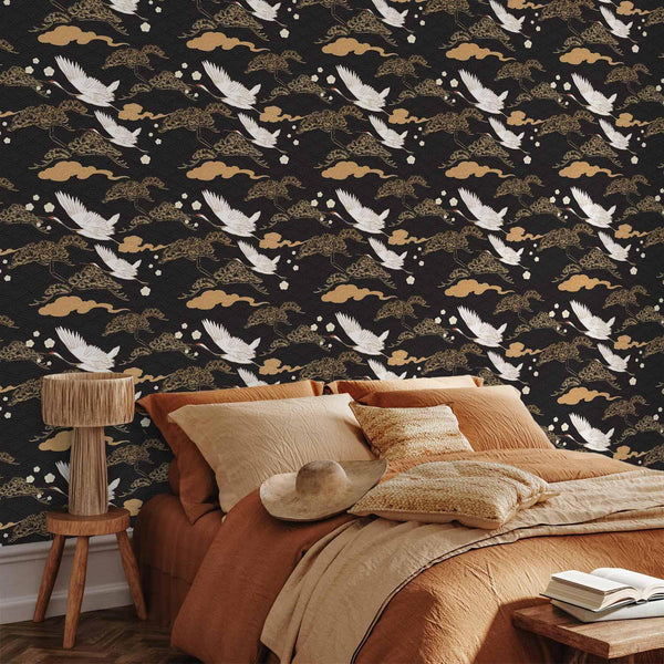 Tappezzeria murale - Oriental impressions - decorative pattern with a motif of flying cranes on a dark background