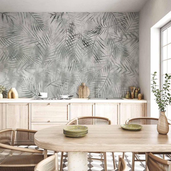 Carta da parati - Minimalist landscape - nature motif with grey exotic leaves