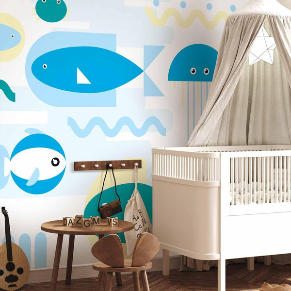 Carta da parati - Animals in the sea - geometric blue fish in water for kids