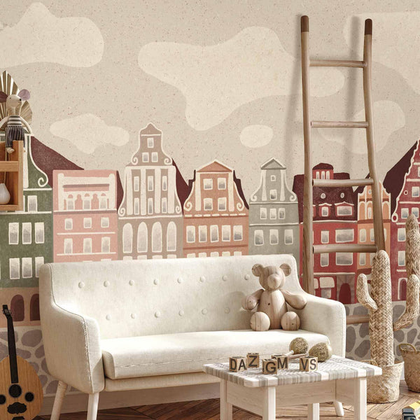 Carta da parati - Salt Square - Colorful Illustrated Townhouses Against a Cloudy Sky Background