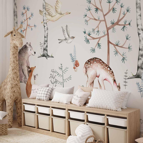 Carta da parati - Forest Land With Animals Painted in Watercolours