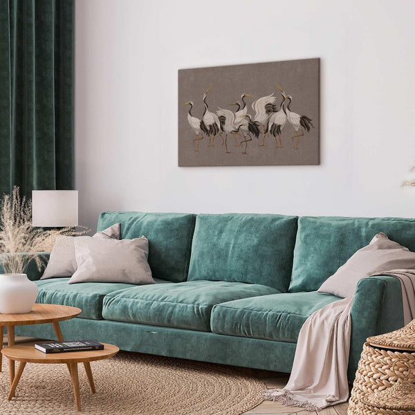 Quadro - Crane dance – bright silhouettes of birds against a warm grey background with texture