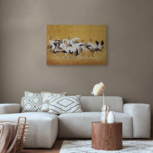 Quadro - Japanese cranes - a flock of birds against a golden background based on a painting by Ishida Yūtei