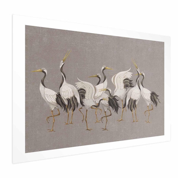 Poster - Crane Dance - light bird silhouettes on a warm-gray textured background