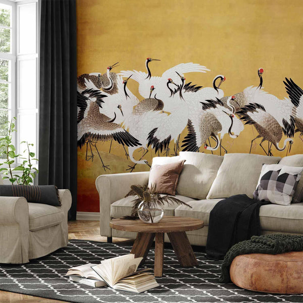 Carta da parati - Japanese cranes - a flock of birds against a golden background based on a painting by Ishida Yūtei