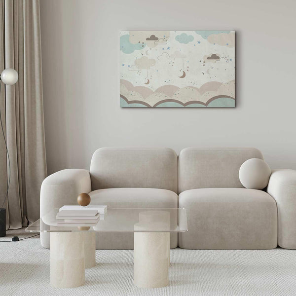 Quadro - Cloudy Night Sky - Moons in Brown and Beige Hues Among Clouds and Numerous Little Stars on a Light Background