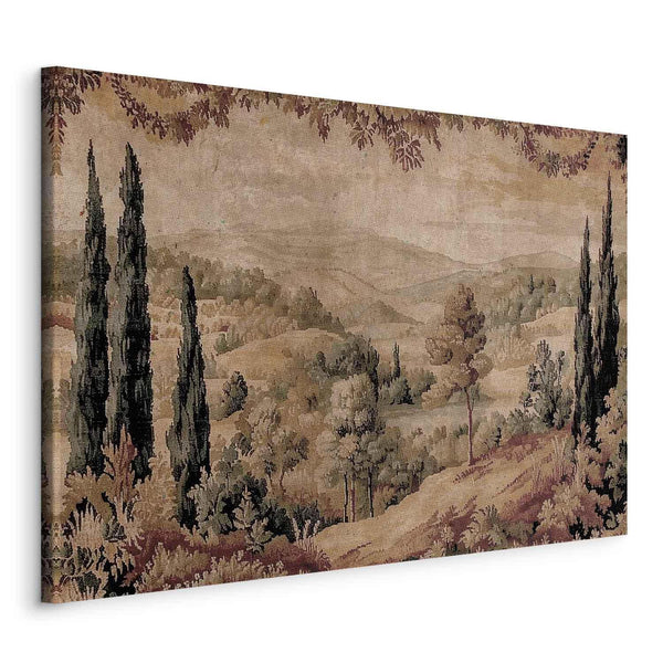 Quadro - Mediterranean landscape - old tapestry with a hill and a lake