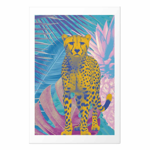 Poster - Exotic Leopard - colorful portrait of a cheetah against tropical leaves