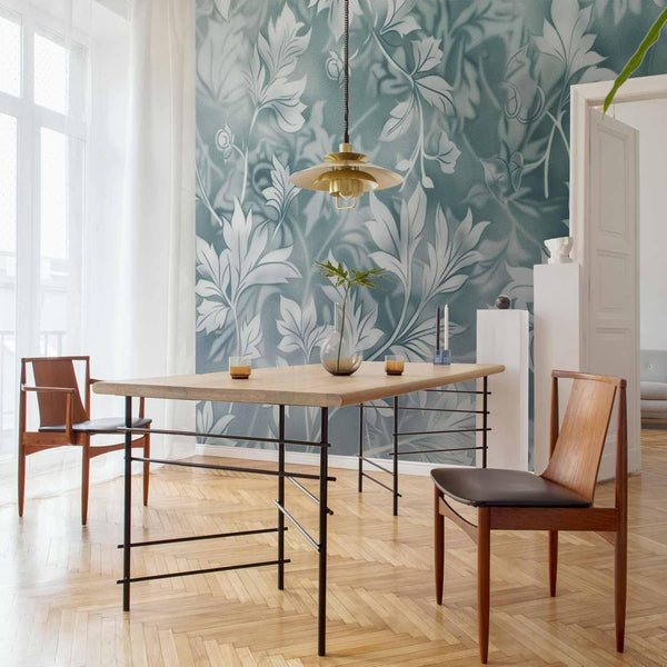 Carta da parati - Ornaments in Worn Muted Turquoises: Delicate Plant Pattern