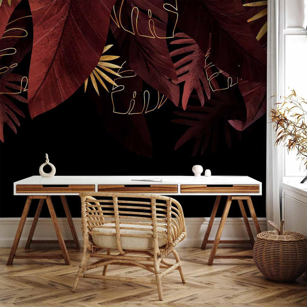 Carta da parati - Jungle and composition - red and gold leaf motif on black background