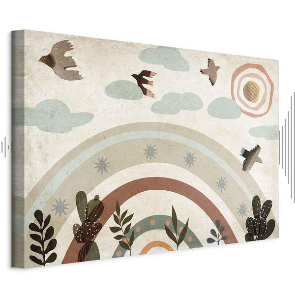 Quadro - Rainbow and Sun Above - Birds in Subdued Colors Flying Among Clouds Above a Rainbow and Various Plants on a Light Background