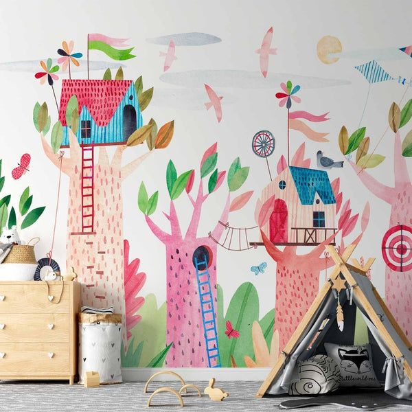 Carta da parati - Painted tree houses - a colourful fantasy with kites for children