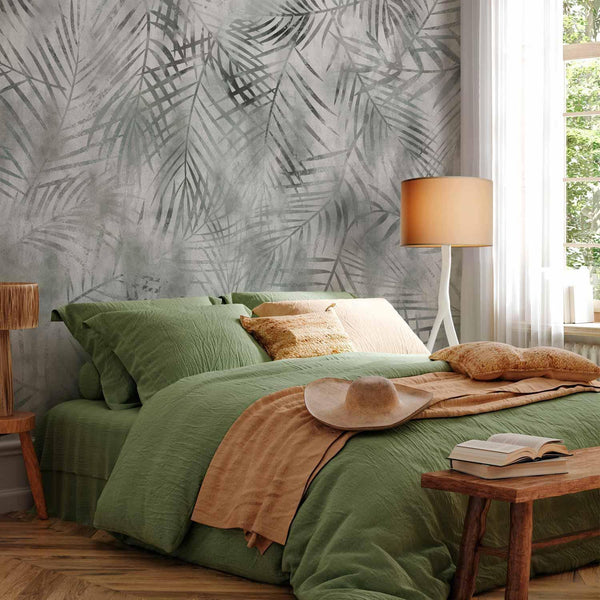Carta da parati - Minimalist landscape - nature motif with grey exotic leaves