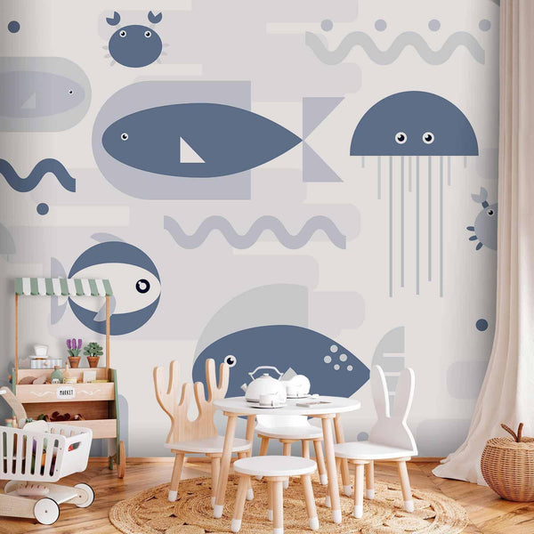 Carta da parati - Minimalist ocean - geometric fish and crabs in water for kids